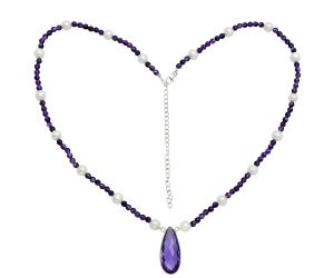 Amethyst Checker Briolette and Pearl Beaded Necklace EXN01203 N-1027, 13x29 mm