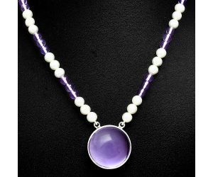 Amethyst Cab and Pearl Beaded Necklace EXN01204 N-1027, 22x22 mm