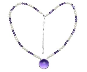 Amethyst Cab and Pearl Beaded Necklace EXN01204 N-1027, 22x22 mm