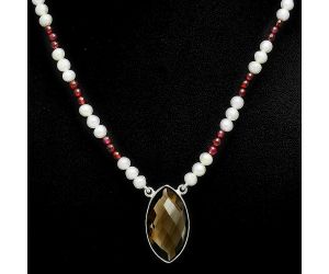 Smoky Quartz Checker Briolette, Garnet & Pearl Beaded Necklace EXN01205 N-1027, 15x27 mm