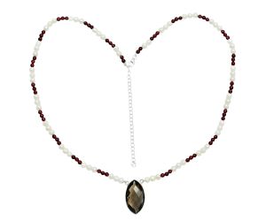 Smoky Quartz Checker Briolette, Garnet & Pearl Beaded Necklace EXN01205 N-1027, 15x27 mm