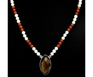 Smoky Quartz Checker Briolette, Coral & Pearl Beaded Necklace EXN01206 N-1027, 15x27 mm