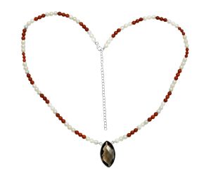 Smoky Quartz Checker Briolette, Coral & Pearl Beaded Necklace EXN01206 N-1027, 15x27 mm