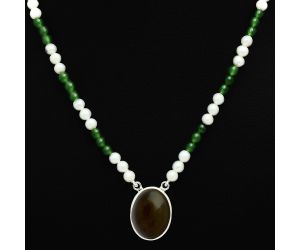 Smoky Quartz Cab, Nephrite Jade & Pearl Beaded Necklace EXN01207 N-1027, 15x20 mm