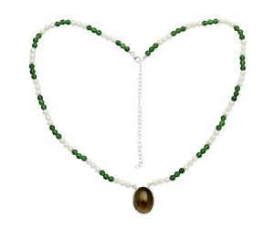 Smoky Quartz Cab, Nephrite Jade & Pearl Beaded Necklace EXN01207 N-1027, 15x20 mm