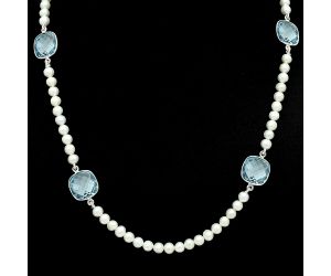 Sky Blue Topaz Checker Briolette and Pearl Beaded Necklace EXN01208 N-1028, 12x12 mm