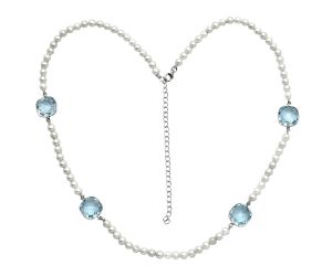 Sky Blue Topaz Checker Briolette and Pearl Beaded Necklace EXN01208 N-1028, 12x12 mm