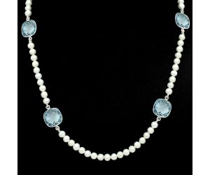 Sky Blue Topaz Checker Briolette and Pearl Beaded Necklace EXN01209 N-1028, 12x12 mm