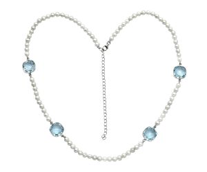 Sky Blue Topaz Checker Briolette and Pearl Beaded Necklace EXN01209 N-1028, 12x12 mm