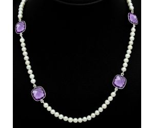 Amethyst Checker Briolette and Pearl Beaded Necklace EXN01210 N-1028, 12x12 mm