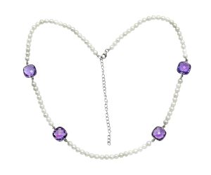 Amethyst Checker Briolette and Pearl Beaded Necklace EXN01210 N-1028, 12x12 mm