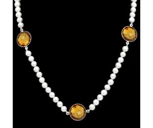 Citrine Checker Briolette and Pearl Beaded Necklace EXN01211 N-1028, 15x15 mm