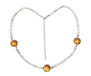 Citrine Checker Briolette and Pearl Beaded Necklace EXN01211 N-1028, 15x15 mm