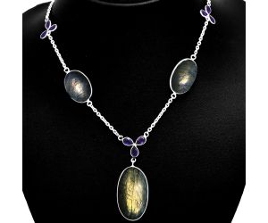 Orange Labradorite and Amethyst Necklace EXN01217 N-1021, 17x30 mm