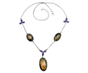 Orange Labradorite and Amethyst Necklace EXN01217 N-1021, 17x30 mm