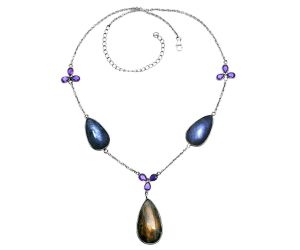 Orange Labradorite and Amethyst Necklace EXN01218 N-1021, 16x29 mm