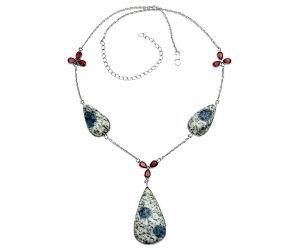 K2 Blue - Azurite In Quartz and Garnet Necklace EXN01219 N-1021, 14x26 mm