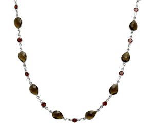 Smoky Quartz Checker Briolette and Garnet Necklace EXN01224 N-1024, 7x10 mm