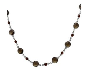 Smoky Quartz Checker Briolette and Garnet Necklace EXN01225 N-1024, 8x8 mm