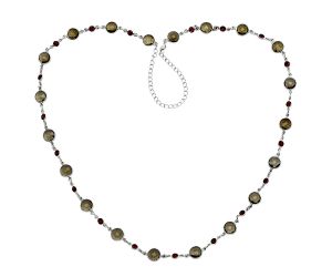 Smoky Quartz Checker Briolette and Garnet Necklace EXN01225 N-1024, 8x8 mm