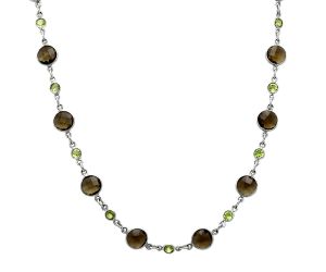 Smoky Quartz Checker Briolette and Peridot Necklace EXN01226 N-1024, 8x8 mm