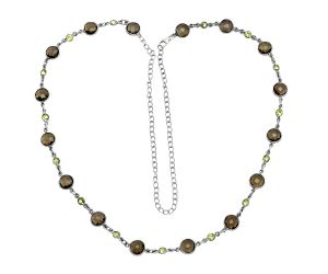 Smoky Quartz Checker Briolette and Peridot Necklace EXN01226 N-1024, 8x8 mm