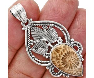 Flower Fossil Coral Pendant EXP01286 P-1258, 12x19 mm