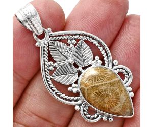 Flower Fossil Coral Pendant EXP01304 P-1258, 12x19 mm