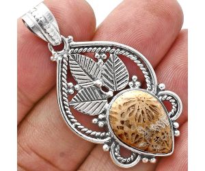 Flower Fossil Coral Pendant EXP01312 P-1258, 12x17 mm