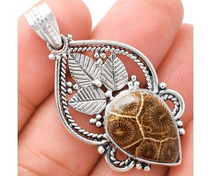 Flower Fossil Coral Pendant EXP01318 P-1258, 13x19 mm