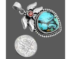 Lucky Charm Tibetan Turquoise and Garnet Pendant EXP01558 P-1740, 17x18 mm