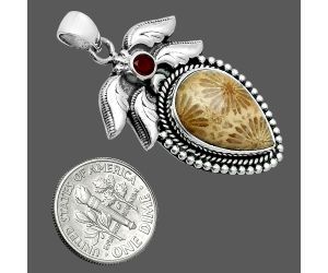 Flower Fossil Coral and Garnet Pendant EXP01562 P-1740, 13x19 mm