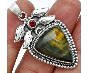 Blue Tiger Eye and Garnet Pendant EXP01563 P-1740, 17x21 mm