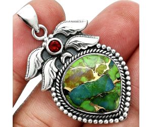 Blue Turquoise In Green Mohave and Garnet Pendant EXP01565 P-1740, 17x18 mm