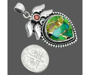 Blue Turquoise In Green Mohave and Garnet Pendant EXP01565 P-1740, 17x18 mm