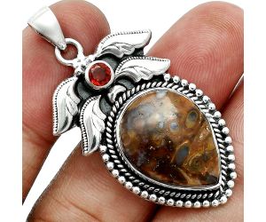 Red Palm Root Agate and Garnet Pendant EXP01566 P-1740, 15x19 mm