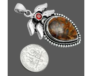 Red Palm Root Agate and Garnet Pendant EXP01566 P-1740, 15x19 mm