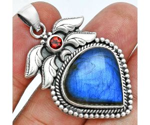 Blue Labradorite and Garnet Pendant EXP01578 P-1740, 19x19 mm