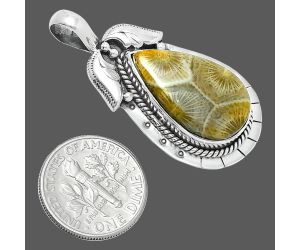 Flower Fossil Coral Pendant EXP01609 P-1568, 13x22 mm