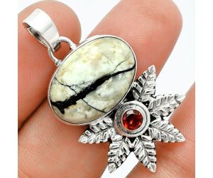 Authentic White Buffalo Turquoise Nevada and Garnet Pendant EXP01735 P-1425, 14x19 mm