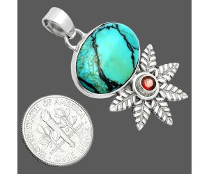 Lucky Charm Tibetan Turquoise and Garnet Pendant EXP01738 P-1425, 14x20 mm