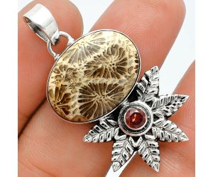 Flower Fossil Coral and Garnet Pendant EXP01743 P-1425, 15x20 mm