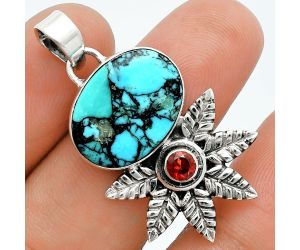 Lucky Charm Tibetan Turquoise and Garnet Pendant EXP01744 P-1425, 13x18 mm