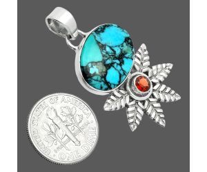 Lucky Charm Tibetan Turquoise and Garnet Pendant EXP01744 P-1425, 13x18 mm