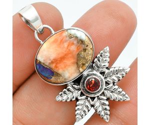 Spiny Oyster Turquoise and Garnet Pendant EXP01745 P-1425, 13x17 mm