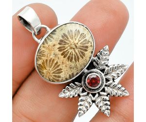 Flower Fossil Coral and Garnet Pendant EXP01748 P-1425, 15x20 mm