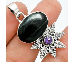 Silver Leaf Obsidian and Amethyst Pendant EXP01749 P-1425, 14x20 mm