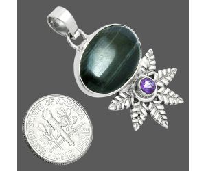 Silver Leaf Obsidian and Amethyst Pendant EXP01749 P-1425, 14x20 mm