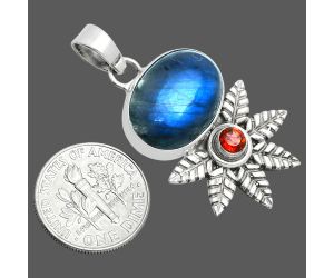 Blue Fire Labradorite and Garnet Pendant EXP01750 P-1425, 13x18 mm