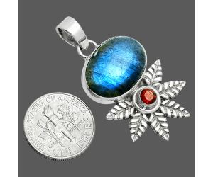 Blue Fire Labradorite and Garnet Pendant EXP01751 P-1425, 13x18 mm